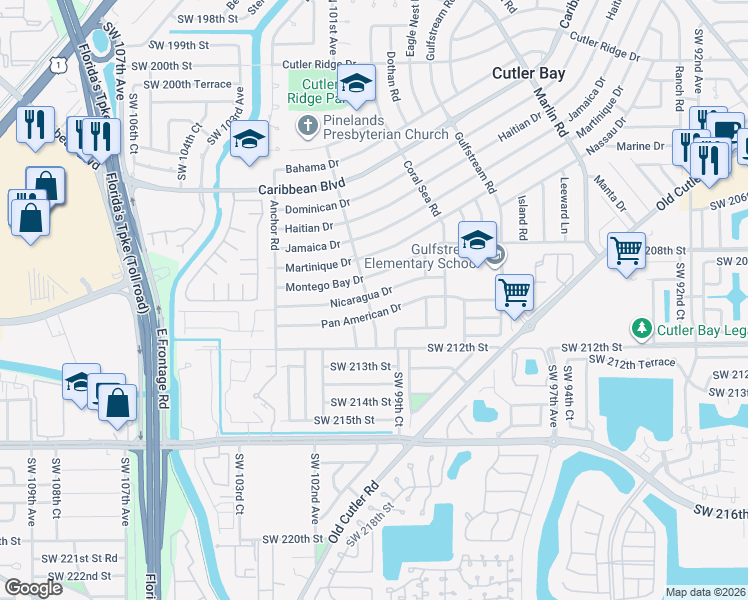 map of restaurants, bars, coffee shops, grocery stores, and more near 9960 Nicaragua Drive in Cutler Bay