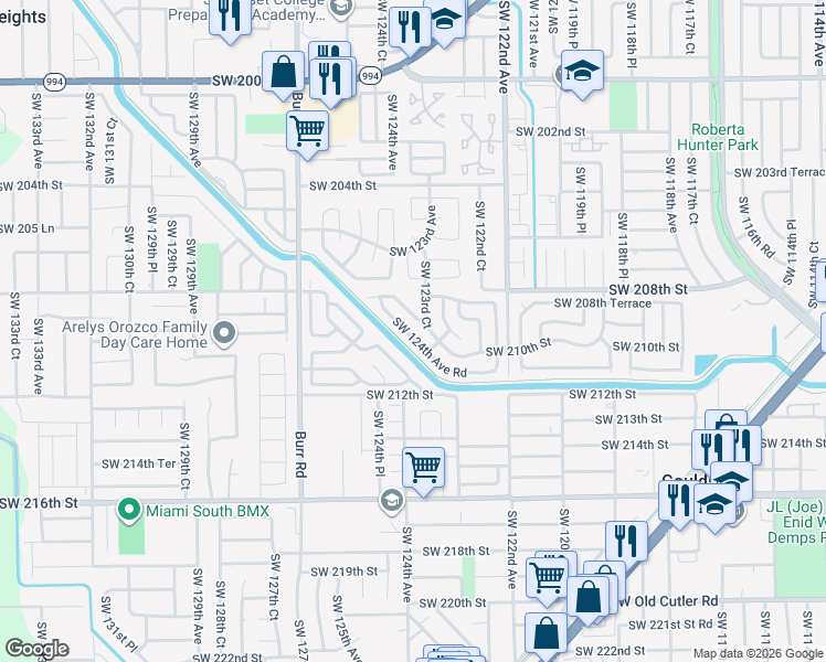 map of restaurants, bars, coffee shops, grocery stores, and more near 20951 Southwest 124th Avenue Road in Miami