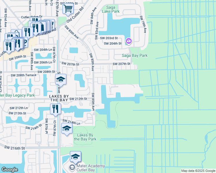 map of restaurants, bars, coffee shops, grocery stores, and more near 21121 Southwest 85th Avenue in Cutler Bay
