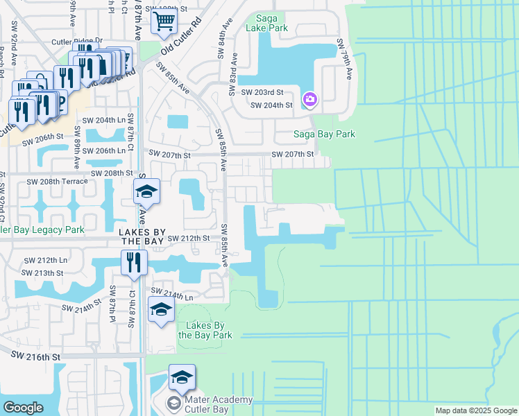 map of restaurants, bars, coffee shops, grocery stores, and more near 21121 Southwest 85th Avenue in Cutler Bay