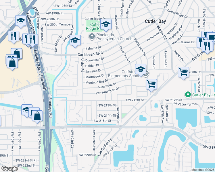 map of restaurants, bars, coffee shops, grocery stores, and more near 9960 Nicaragua Drive in Cutler Bay