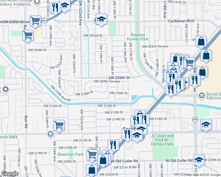 map of restaurants, bars, coffee shops, grocery stores, and more near 11916 Southwest 209th Terrace in Miami