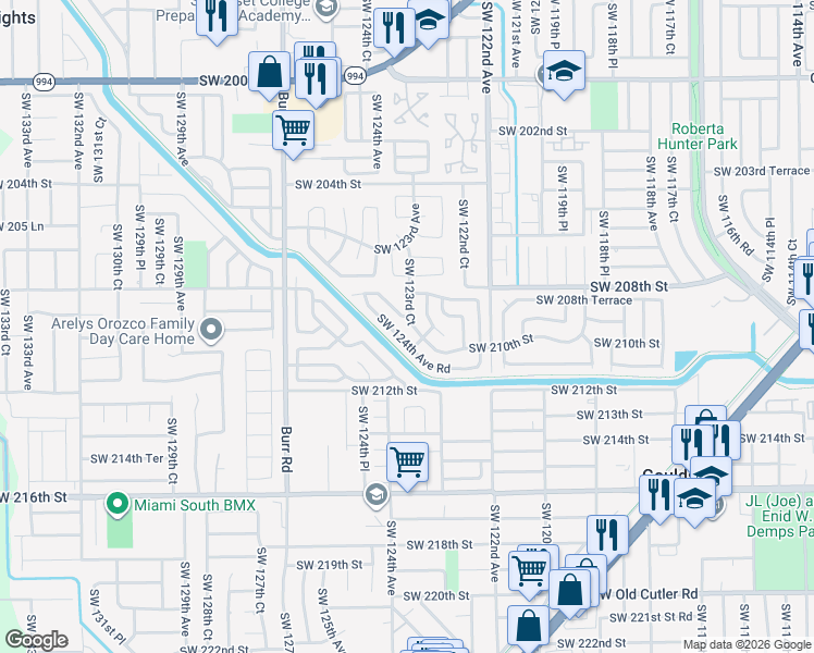 map of restaurants, bars, coffee shops, grocery stores, and more near 20951 Southwest 124th Avenue Road in Miami