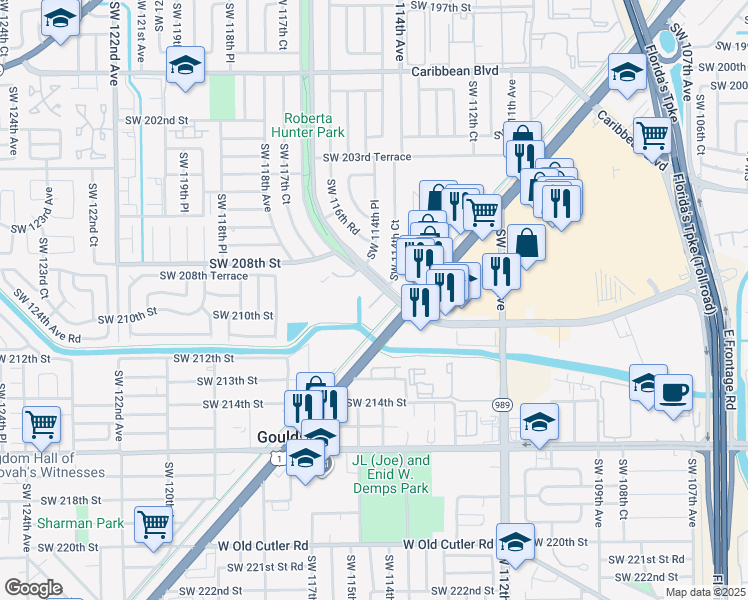 map of restaurants, bars, coffee shops, grocery stores, and more near 21000 Southwest 114th Court in Miami