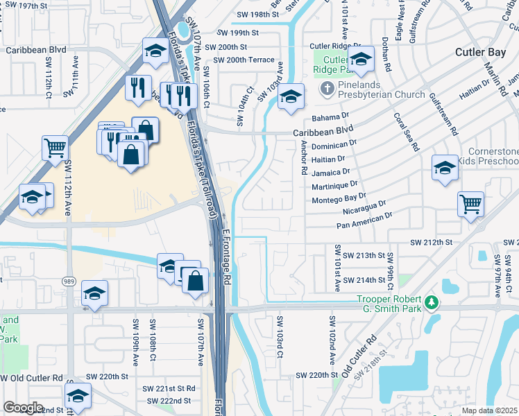 map of restaurants, bars, coffee shops, grocery stores, and more near 10381 Southwest 209th Lane in Cutler Bay