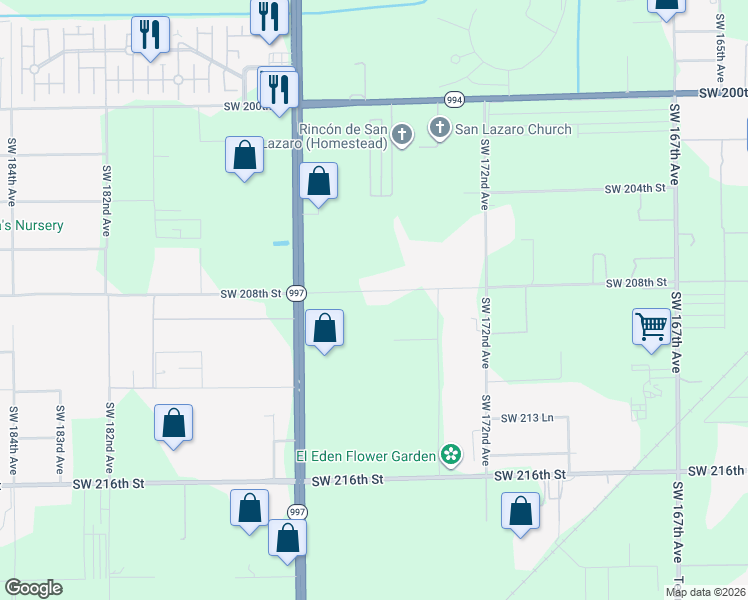 map of restaurants, bars, coffee shops, grocery stores, and more near 17450 Southwest 208th Street in Miami