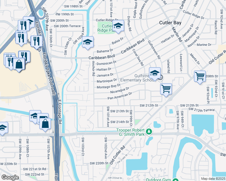 map of restaurants, bars, coffee shops, grocery stores, and more near 10045 Nicaragua Drive in Cutler Bay