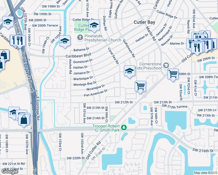 map of restaurants, bars, coffee shops, grocery stores, and more near 9905 Pan American Drive in Cutler Bay
