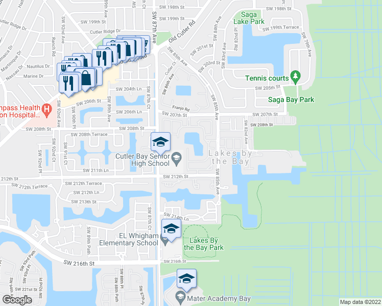 map of restaurants, bars, coffee shops, grocery stores, and more near 21011 Southwest 85th Place in Cutler Bay