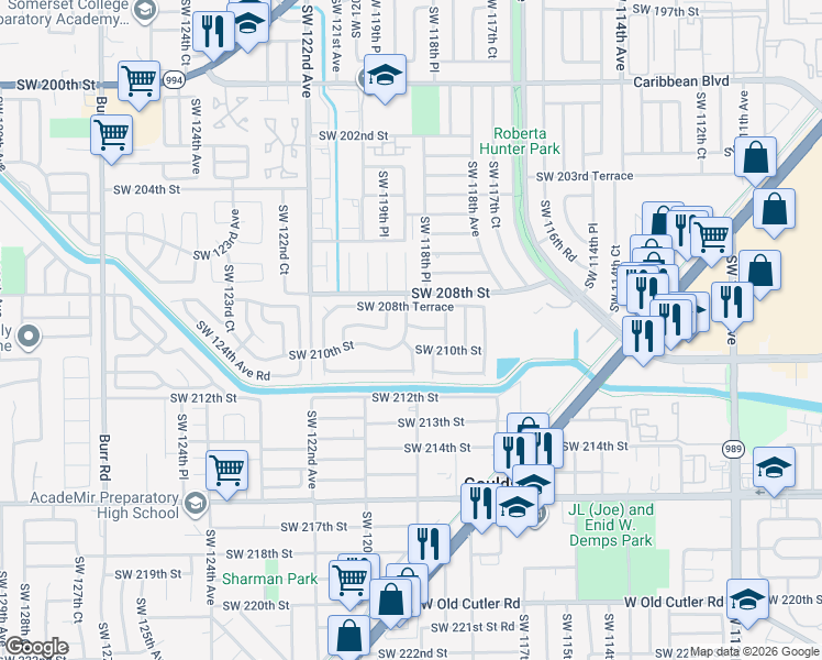 map of restaurants, bars, coffee shops, grocery stores, and more near 11916 Southwest 209th Terrace in Miami