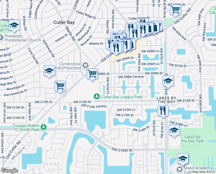 map of restaurants, bars, coffee shops, grocery stores, and more near 21021 Southwest 92nd Court in Cutler Bay