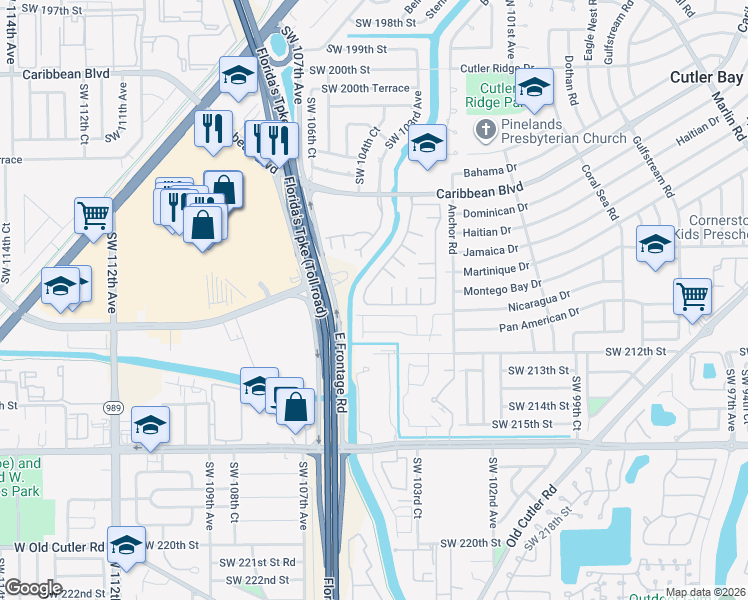 map of restaurants, bars, coffee shops, grocery stores, and more near 10393 Southwest 209th Lane in Cutler Bay