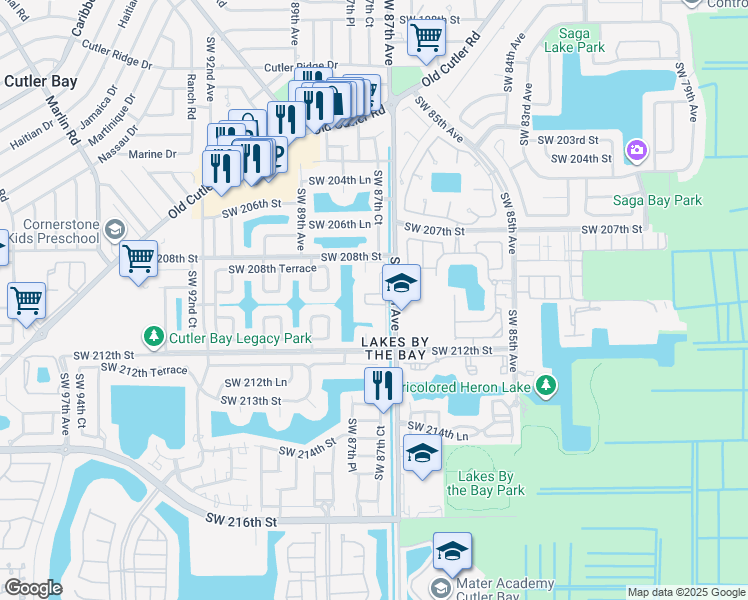 map of restaurants, bars, coffee shops, grocery stores, and more near 21004 Southwest 212th Terrace in Cutler Bay