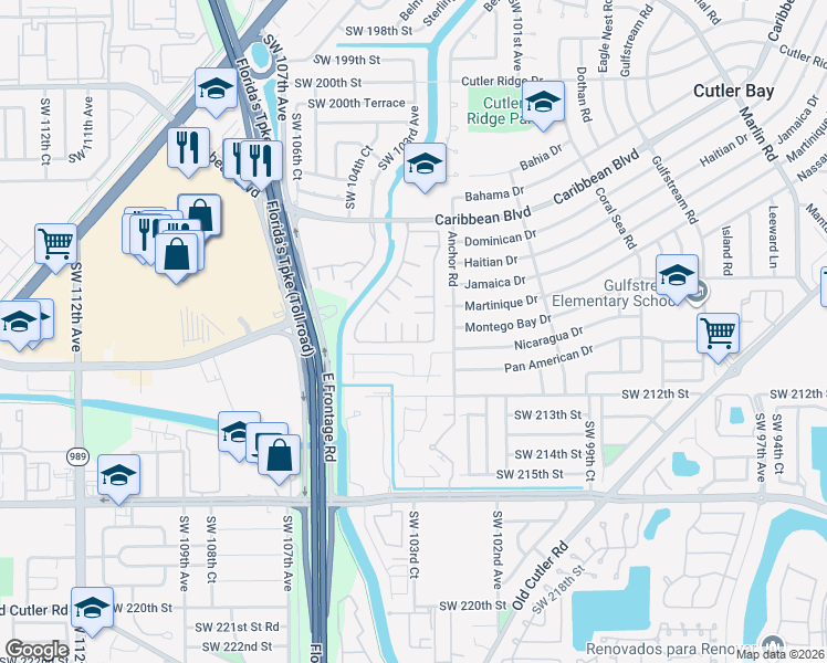 map of restaurants, bars, coffee shops, grocery stores, and more near 10377 Southwest 210th Terrace in Cutler Bay