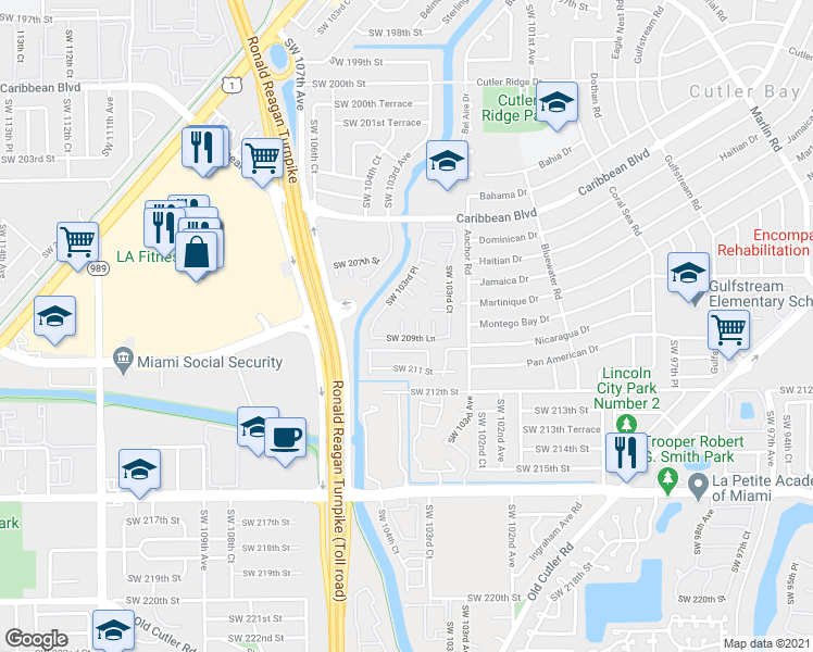 map of restaurants, bars, coffee shops, grocery stores, and more near 10377 Southwest 210th Terrace in Cutler Bay