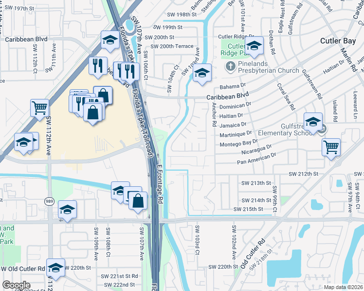 map of restaurants, bars, coffee shops, grocery stores, and more near 10393 Southwest 209th Lane in Cutler Bay