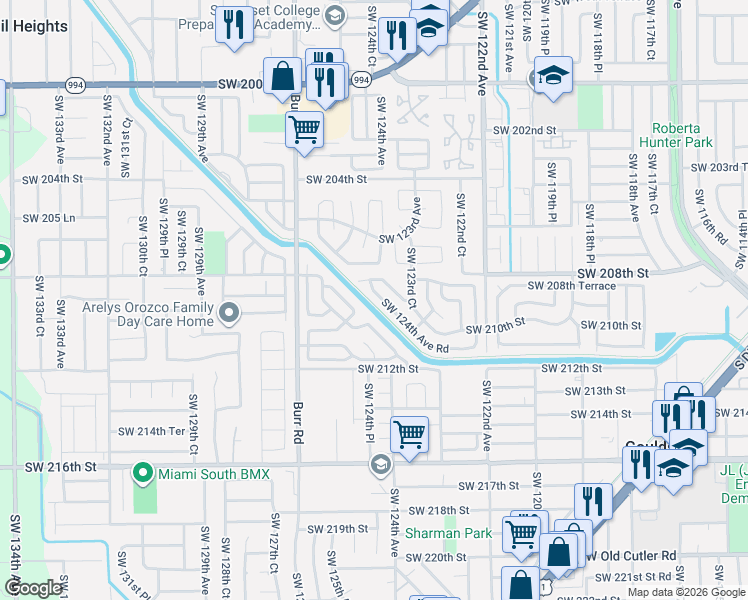 map of restaurants, bars, coffee shops, grocery stores, and more near 21031 Southwest 125th Avenue Road in Miami