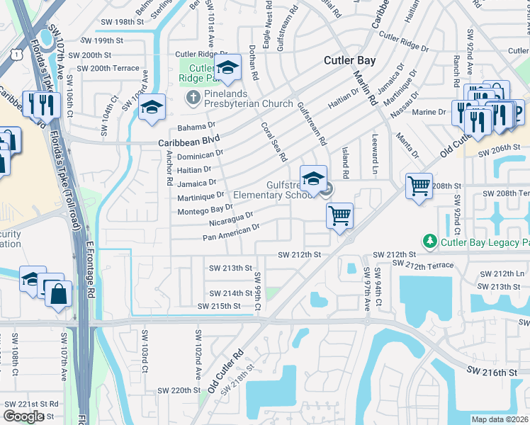 map of restaurants, bars, coffee shops, grocery stores, and more near 9905 Pan American Drive in Cutler Bay