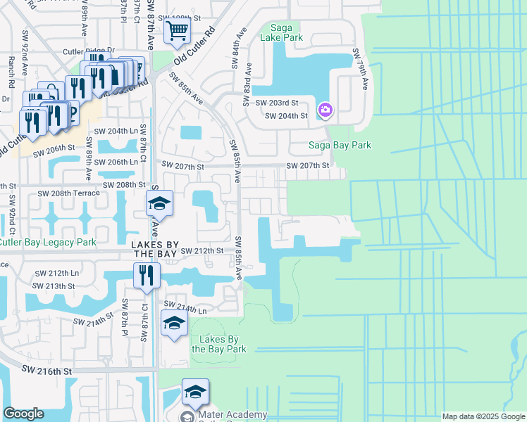map of restaurants, bars, coffee shops, grocery stores, and more near 21121 Southwest 85th Avenue in Cutler Bay