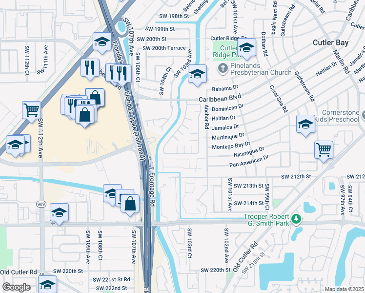 map of restaurants, bars, coffee shops, grocery stores, and more near 10377 Southwest 210th Terrace in Cutler Bay
