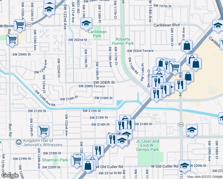 map of restaurants, bars, coffee shops, grocery stores, and more near 20931 Southwest 118th Avenue in Miami