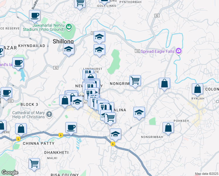 map of restaurants, bars, coffee shops, grocery stores, and more near Laitumkhrah To Rynjah Via Goraline in Shillong