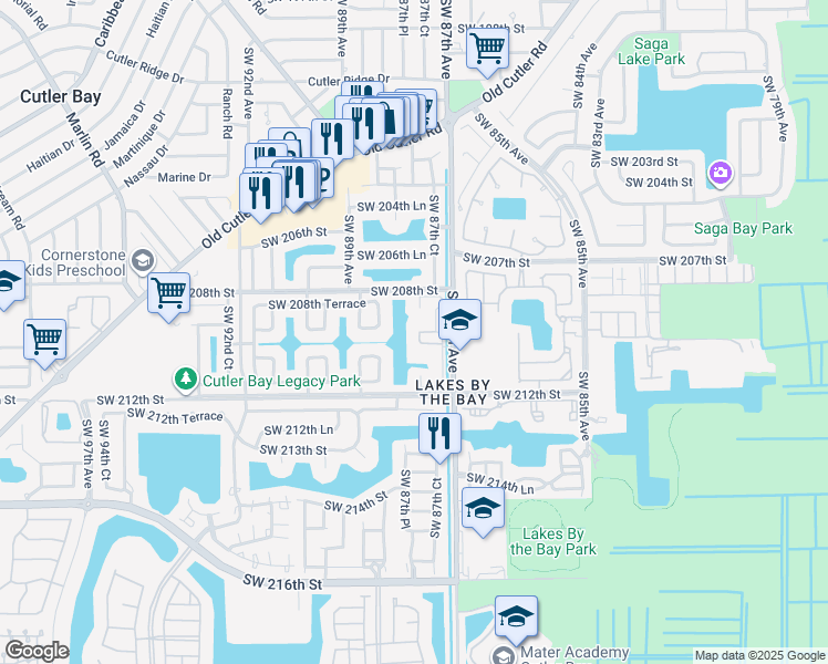 map of restaurants, bars, coffee shops, grocery stores, and more near 21004 Southwest 212th Terrace in Cutler Bay