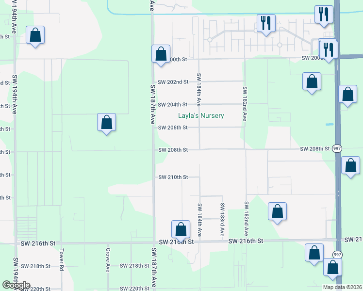 map of restaurants, bars, coffee shops, grocery stores, and more near 18421 Southwest 208th Street in Miami