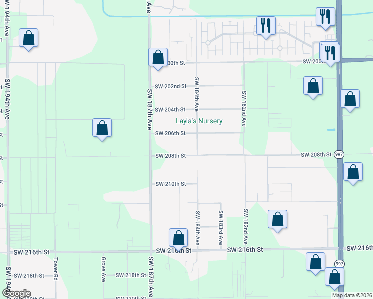 map of restaurants, bars, coffee shops, grocery stores, and more near 18421 Southwest 208th Street in Miami