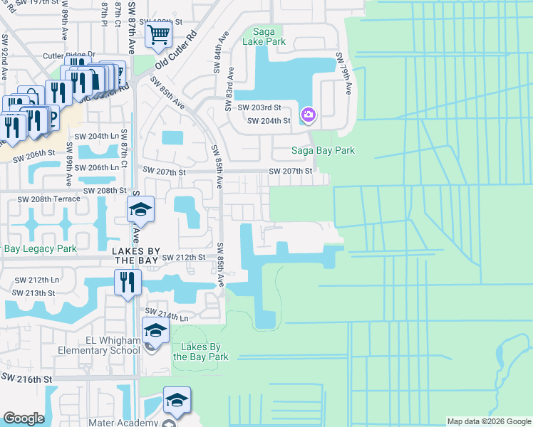 map of restaurants, bars, coffee shops, grocery stores, and more near 8135 Southwest 209th Street in Cutler Bay