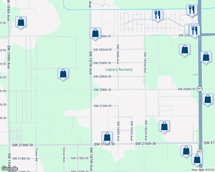 map of restaurants, bars, coffee shops, grocery stores, and more near 18440 Southwest 206th Street in Miami