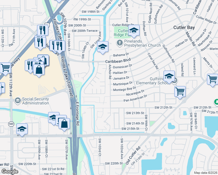 map of restaurants, bars, coffee shops, grocery stores, and more near 20810 Anchor Road in Cutler Bay
