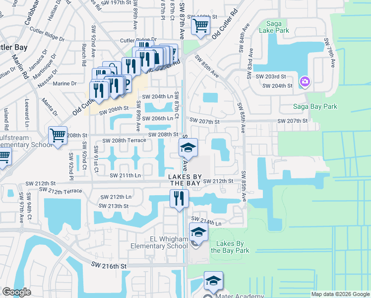 map of restaurants, bars, coffee shops, grocery stores, and more near 8750 Southwest 87th Avenue in Cutler Bay