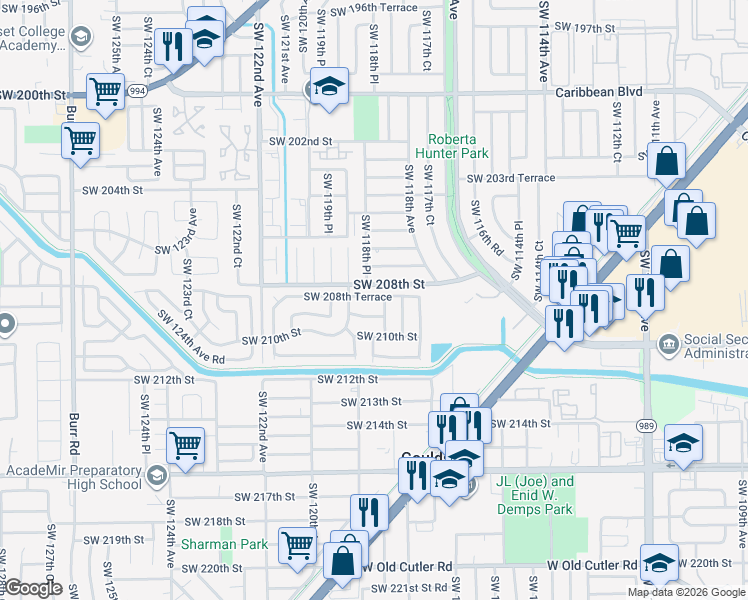 map of restaurants, bars, coffee shops, grocery stores, and more near 11861 Southwest 208th Terrace in Miami
