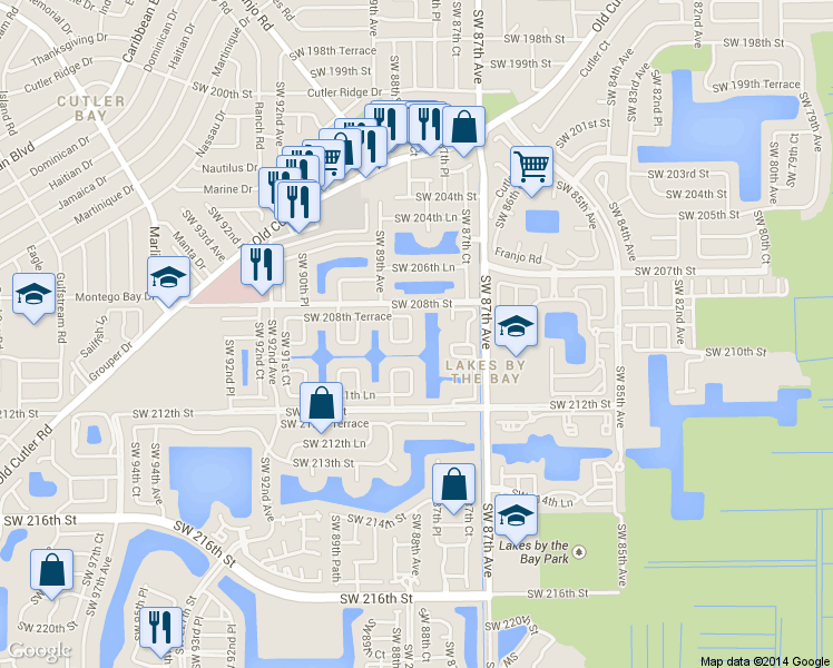map of restaurants, bars, coffee shops, grocery stores, and more near 20841 Southwest 88th Court in Cutler Bay