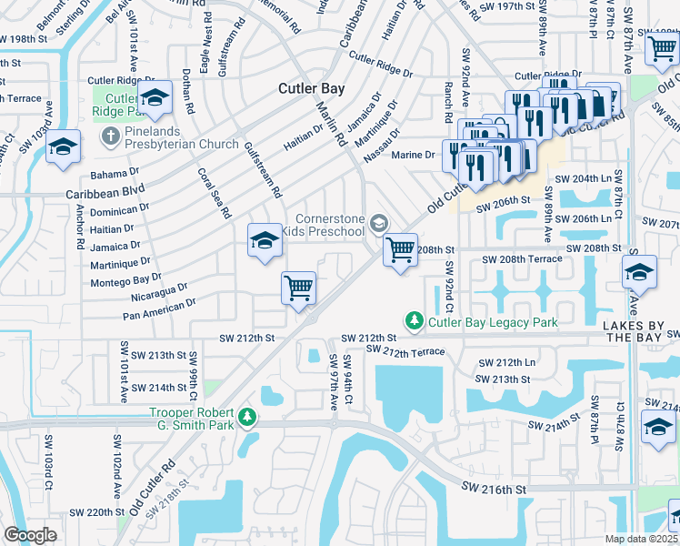 map of restaurants, bars, coffee shops, grocery stores, and more near 20819 Sailfish Lane in Cutler Bay