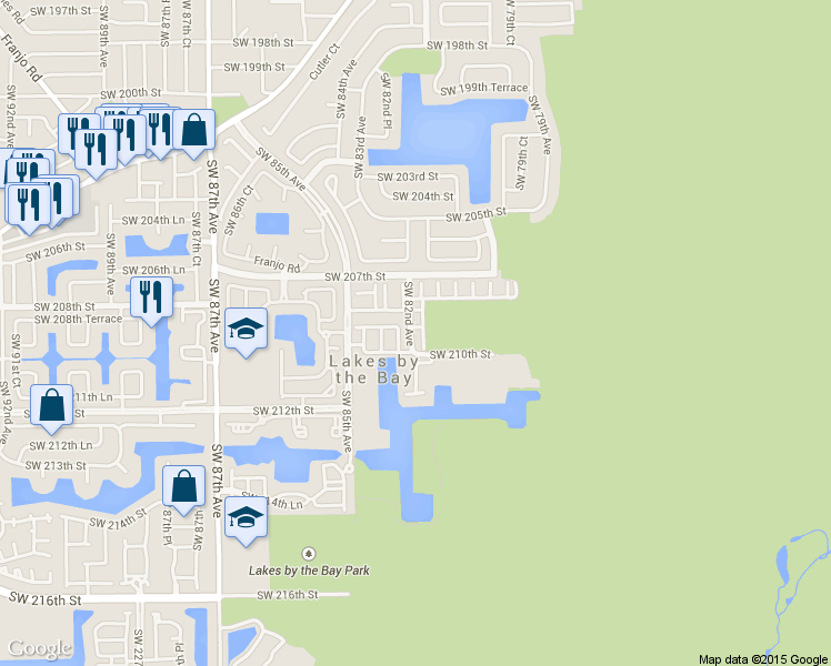 map of restaurants, bars, coffee shops, grocery stores, and more near 8135 Southwest 209th Street in Cutler Bay