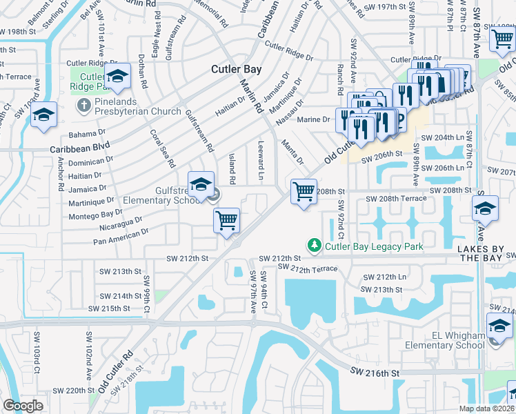map of restaurants, bars, coffee shops, grocery stores, and more near 20819 Sailfish Lane in Cutler Bay