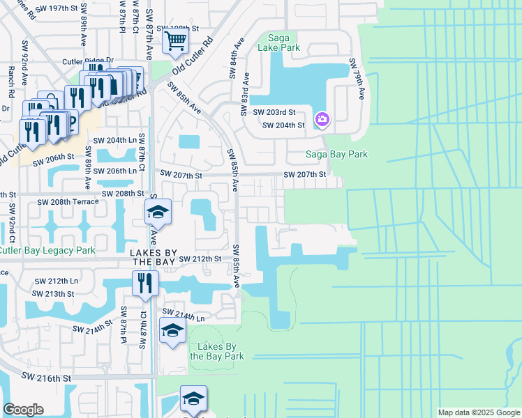 map of restaurants, bars, coffee shops, grocery stores, and more near 20905 Southwest 84th Avenue in Cutler Bay