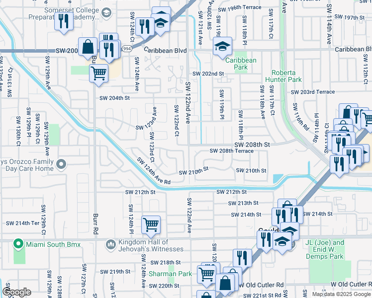 map of restaurants, bars, coffee shops, grocery stores, and more near 20741 Southwest 122nd Court in Miami