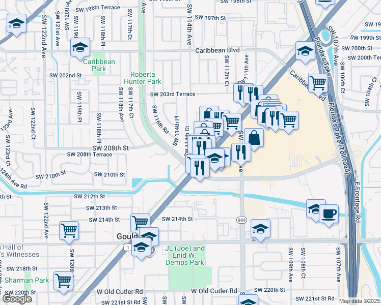 map of restaurants, bars, coffee shops, grocery stores, and more near 11391 Southwest 208th Drive in Miami