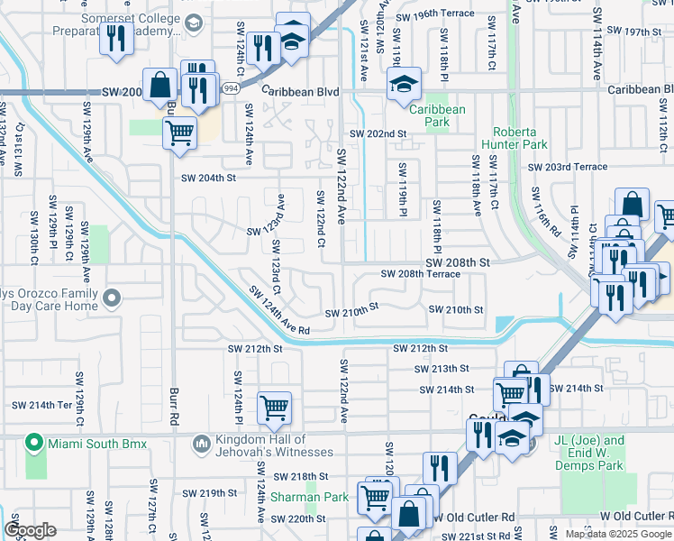 map of restaurants, bars, coffee shops, grocery stores, and more near 20741 Southwest 122nd Court in Miami
