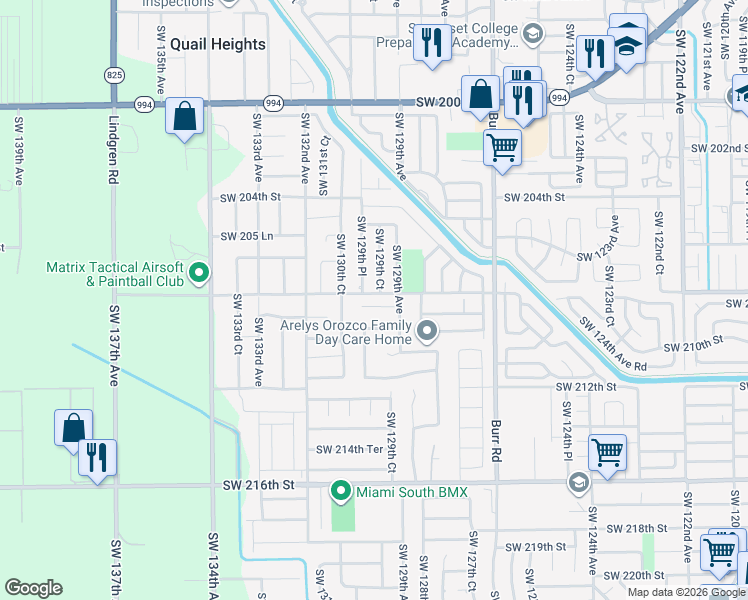 map of restaurants, bars, coffee shops, grocery stores, and more near 20795 Southwest 129th Court in Miami