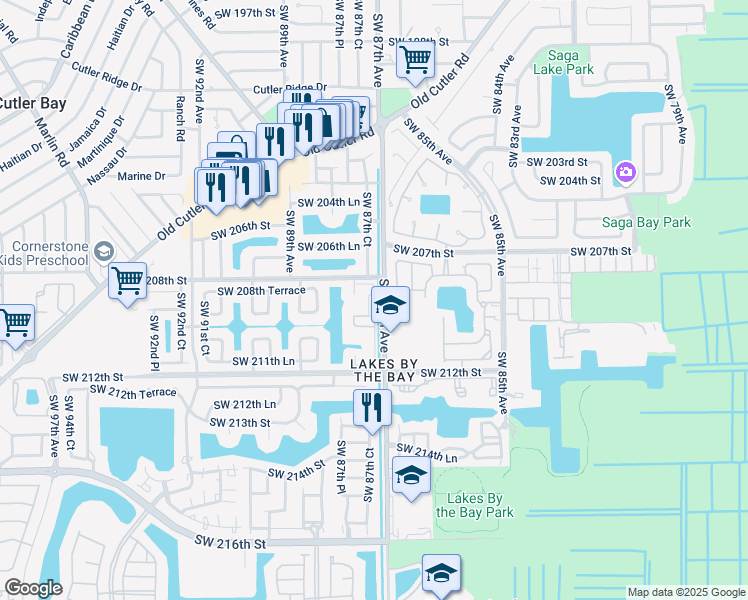 map of restaurants, bars, coffee shops, grocery stores, and more near 20850 Southwest 87th Avenue in Cutler Bay