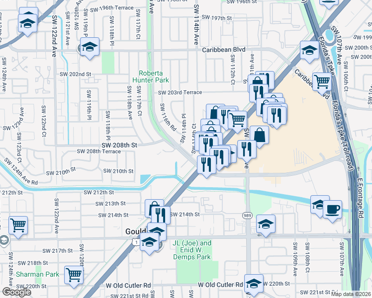 map of restaurants, bars, coffee shops, grocery stores, and more near 20821 Southwest 117th Avenue in Miami