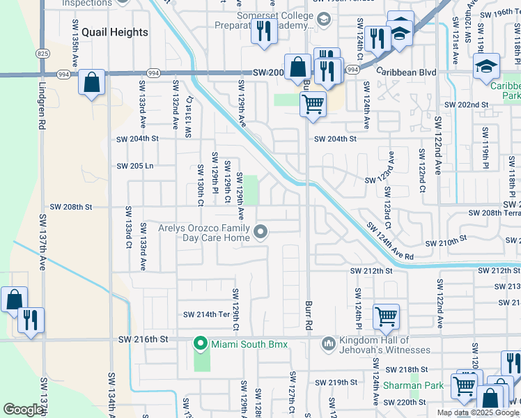 map of restaurants, bars, coffee shops, grocery stores, and more near 20805 Southwest 128th Court in Miami