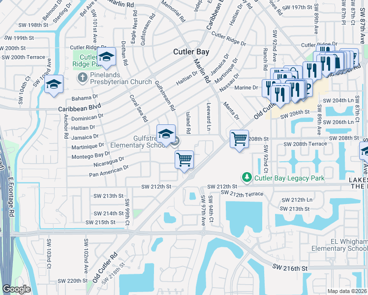 map of restaurants, bars, coffee shops, grocery stores, and more near 20851 Southwest 97th Avenue in Cutler Bay