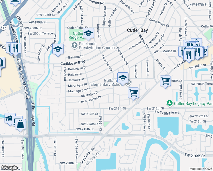 map of restaurants, bars, coffee shops, grocery stores, and more near 9900 Montego Bay Drive in Cutler Bay