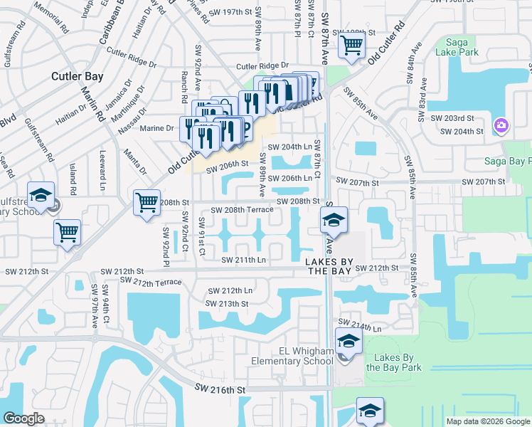 map of restaurants, bars, coffee shops, grocery stores, and more near 8872 Southwest 208th Terrace in Cutler Bay