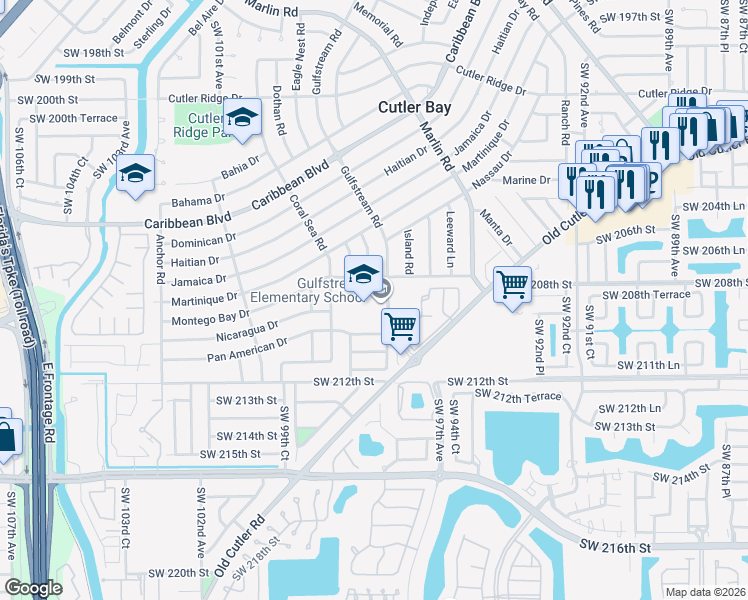 map of restaurants, bars, coffee shops, grocery stores, and more near 20900 Gulfstream Road in Cutler Bay